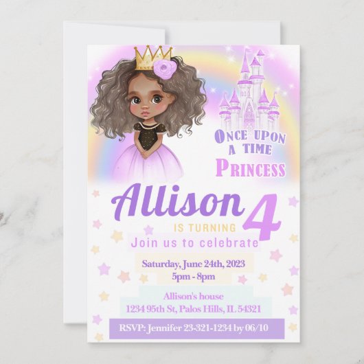 アフリカ系アメリカ人のピンクの王女の誕生日の招待状 招待状 (正面)