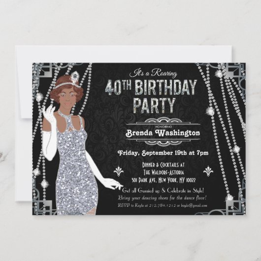 アフリカ系アメリカ人のフラッパーガールの誕生日招待状 招待状 (正面)