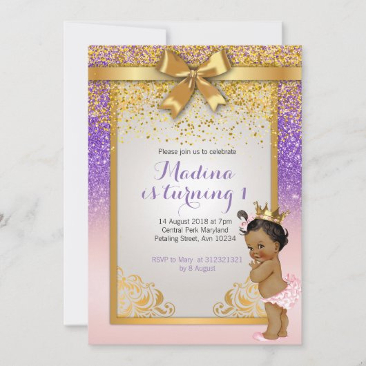 アフリカ系アメリカ人のプリンセスの第1誕生日の招待状 招待状 (正面)