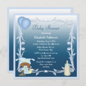 アフリカ系アメリカ人のベビーと風船の青いベビーシャワー 招待状 (正面/裏面)