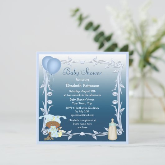 アフリカ系アメリカ人のベビーと風船の青いベビーシャワー 招待状 (スタンド正面)