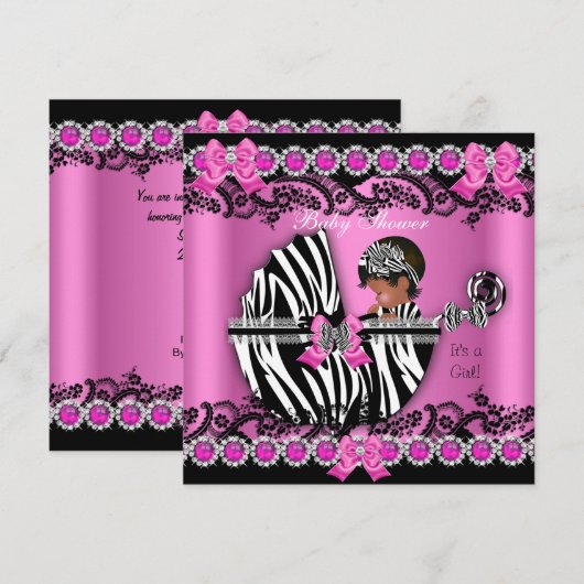 アフリカ系アメリカ人のベビーシャワー 女の子 ピンクのシマウマ ベビーカー 招待状 (正面/裏面)