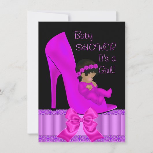 アフリカ系アメリカ人のベビーシャワー 少女 ピンク パープル シューズ 招待状 (正面)