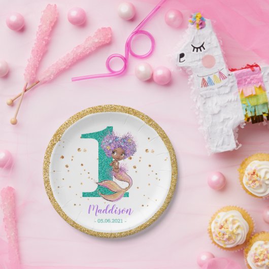 アフリカ系アメリカ人のマーメイド第1誕生日紙プレート ペーパープレート (パーティー)