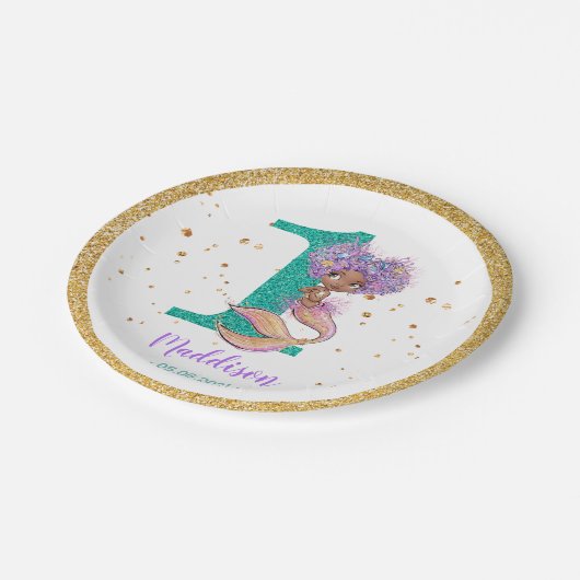 アフリカ系アメリカ人のマーメイド第1誕生日紙プレート ペーパープレート (アングル)