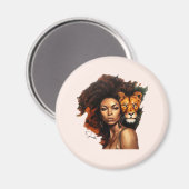 アフリカ系アメリカ人のライオン威厳のある付き女性 マグネット (正面/裏面)