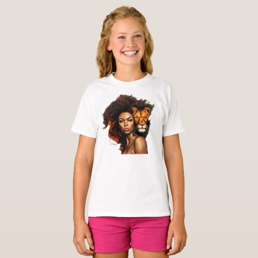 アフリカ系アメリカ人のライオン威厳のある付き女性 Tシャツ (正面フル)