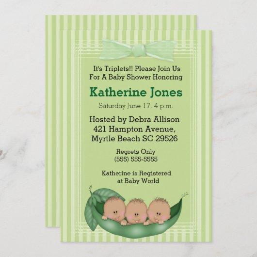 アフリカ系アメリカ人の三つ子の男の子の赤ちゃんシャワー招待状 招待状 (正面/裏面)
