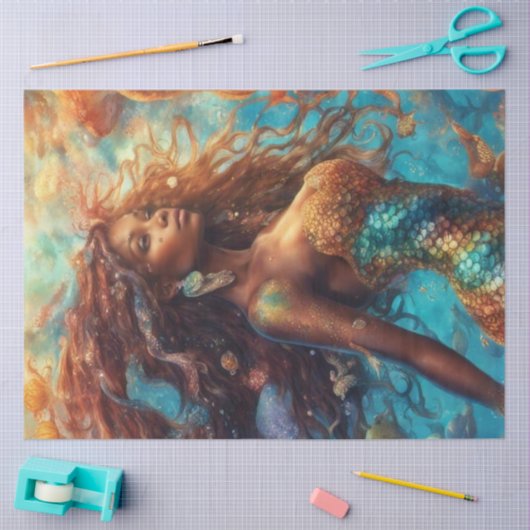 アフリカ系アメリカ人の人魚が海の下に 薄葉紙 (クラフト)