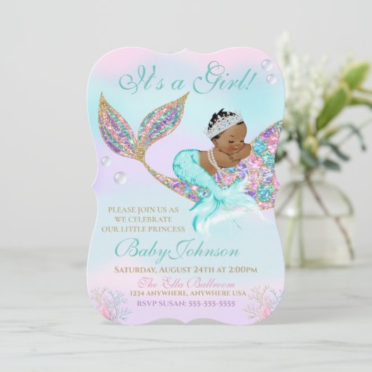 アフリカ系アメリカ人の人魚のヴィンテージのベビーシャワー 招待状 (スタンド正面)