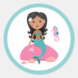 アフリカ系アメリカ人の人魚の女の子のヒトデのタツノオトシゴ ラウンドシール
