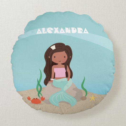 アフリカ系アメリカ人の人魚の女の子の部屋の装飾の枕 ラウンドクッション (正面)
