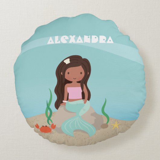 アフリカ系アメリカ人の人魚の女の子部屋の装飾の枕 ラウンドクッション (裏面)