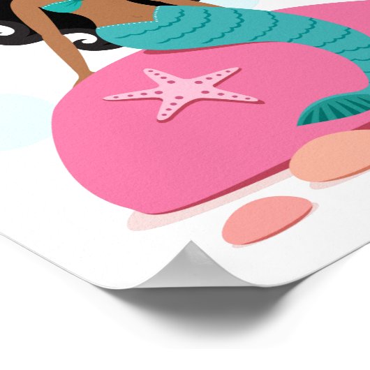 アフリカ系アメリカ人の人魚の少女とヒトデとタツノオトシゴ ポスター (角)