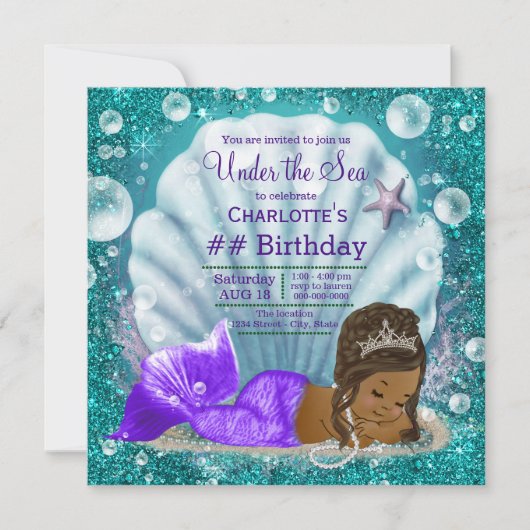 アフリカ系アメリカ人の人魚の海の中の誕生日 招待状 (正面)