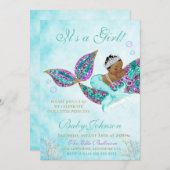 アフリカ系アメリカ人の人魚の赤ちゃんグリッターの尾 招待状 (正面/裏面)