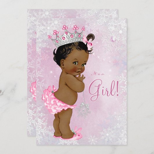 アフリカ系アメリカ人の冬のワンダーランドの赤ちゃんシャワー 招待状 (正面/裏面)