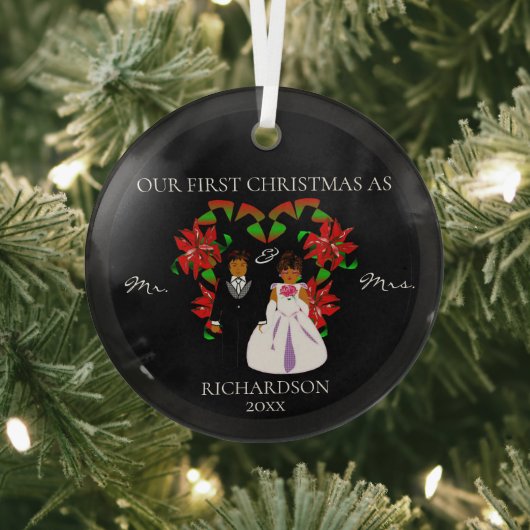 アフリカ系アメリカ人の初めてのクリスマスはミスター・アンド・ミセス・ラウンド ガラスオーナメント (インサイチュ)