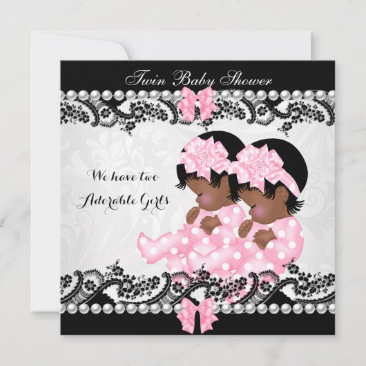 アフリカ系アメリカ人の双子ベビーシャワー かわいい女の子 ピンク 招待状 (正面)
