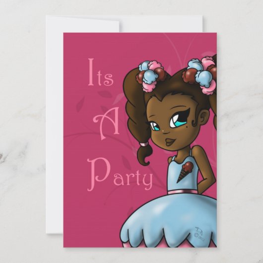 アフリカ系アメリカ人の女の子とアイスクリーム誕生日パーティー 招待状 (正面)