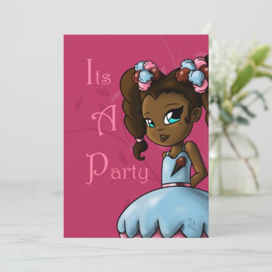 アフリカ系アメリカ人の女の子とアイスクリーム誕生日パーティー 招待状 (スタンド正面)