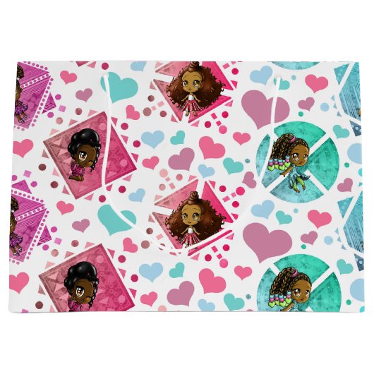 アフリカ系アメリカ人の女の子と幾何学模様 ラージペーパーバッグ (正面)