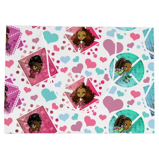 アフリカ系アメリカ人の女の子と幾何学模様 ラージペーパーバッグ (裏面)