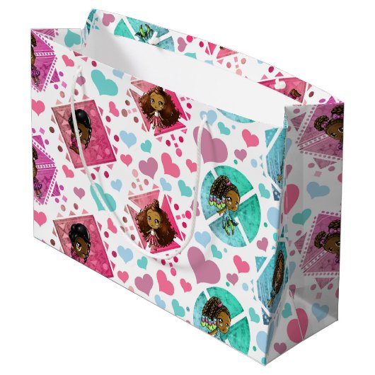 アフリカ系アメリカ人の女の子と幾何学模様 ラージペーパーバッグ (裏面アングル)