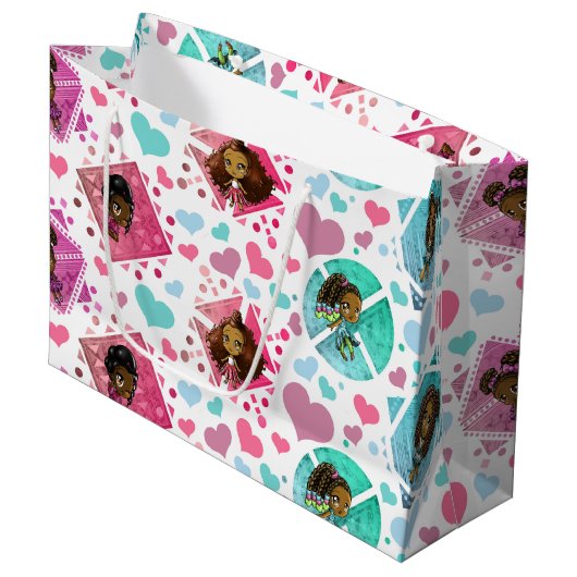 アフリカ系アメリカ人の女の子と幾何学模様 ラージペーパーバッグ (正面アングル)