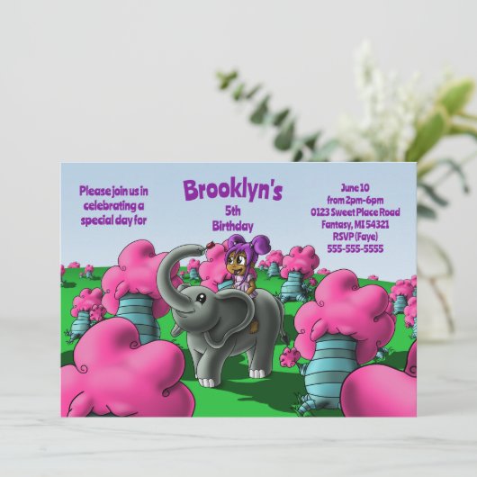 アフリカ系アメリカ人の女の子と象の誕生日パーティー 招待状 (スタンド正面)