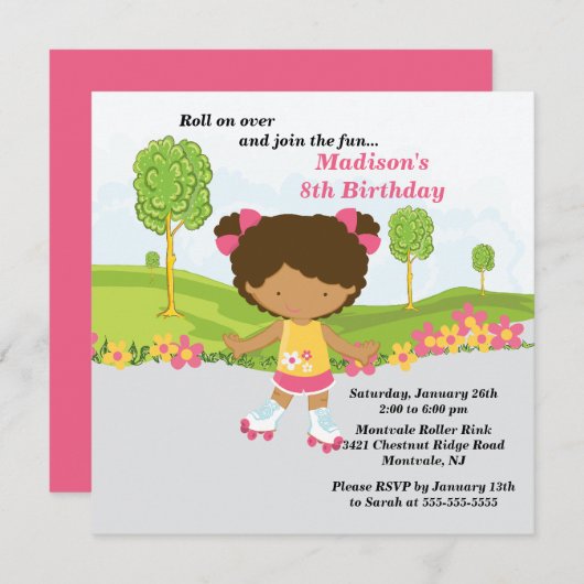 アフリカ系アメリカ人の女の子のスケートで滑るの誕生会 招待状 (正面/裏面)