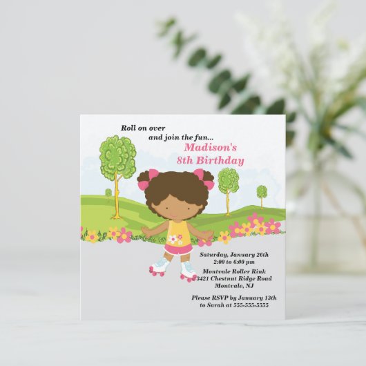 アフリカ系アメリカ人の女の子のスケートで滑るの誕生会 招待状 (スタンド正面)