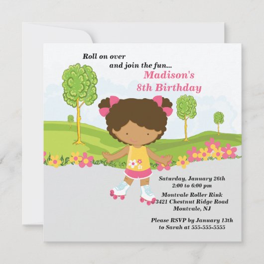 アフリカ系アメリカ人の女の子のスケートで滑るの誕生会 招待状 (正面)