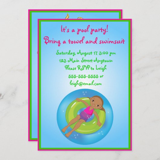 アフリカ系アメリカ人の女の子のプールの誕生日の招待状 招待状 (正面/裏面)