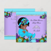 アフリカ系アメリカ人の女の子のベビーシャワー　ターコイズパープル 招待状 (正面/裏面)
