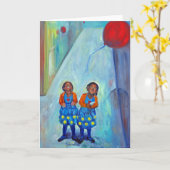 アフリカ系アメリカ人の女の子の双生児の子供の気球の芸術 カード (黄色い花)