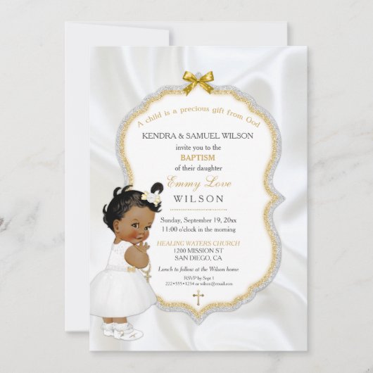 アフリカ系アメリカ人の女の赤ちゃんの洗礼の金ゴールドの十字 招待状 (正面)