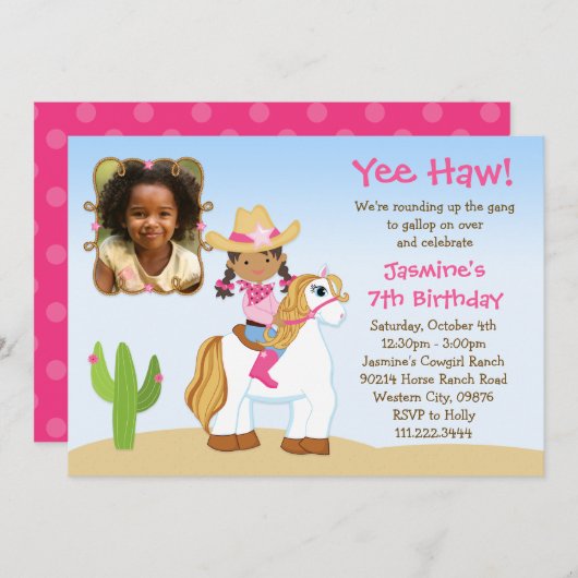 アフリカ系アメリカ人の女性のカーボーイの馬の誕生会 招待状 (正面/裏面)