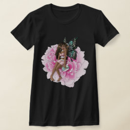 アフリカ系アメリカ人の妖精がピンクの花に Tシャツ