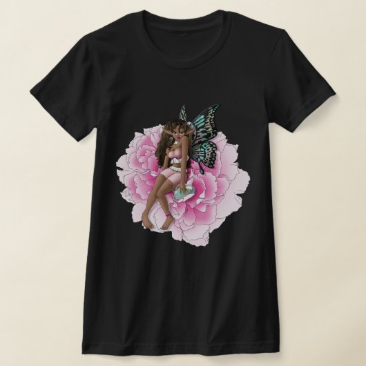 アフリカ系アメリカ人の妖精がピンクの花に Tシャツ (レイダウン)