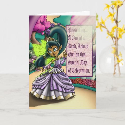 アフリカ系アメリカ人の妖精と紫色の花の誕生日 カード (黄色い花)