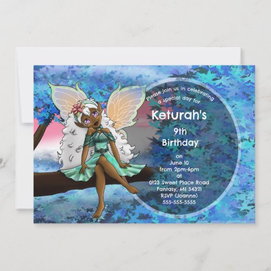 アフリカ系アメリカ人の妖精の木の上で誕生日パーティー 招待状 (正面)