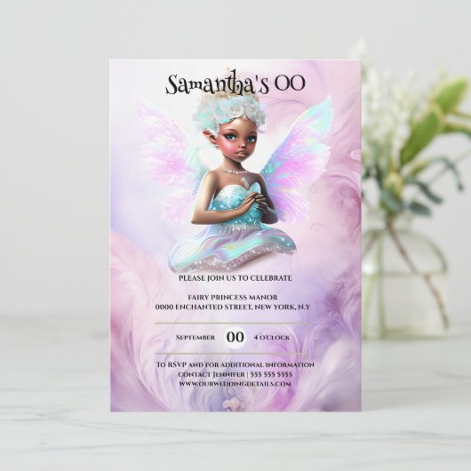 アフリカ系アメリカ人の妖精の王女のお洒落誕生日 招待状 (スタンド正面)