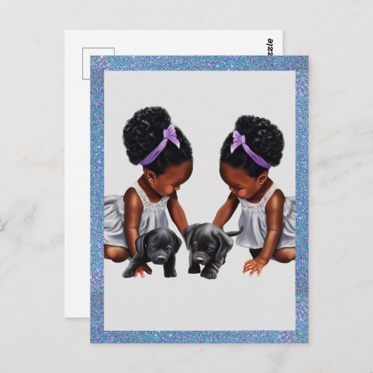 アフリカ系アメリカ人の子犬の双子の少女 ポストカード (正面/裏面)