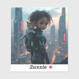 アフリカ系アメリカ人の子猫との小さなギャル シール