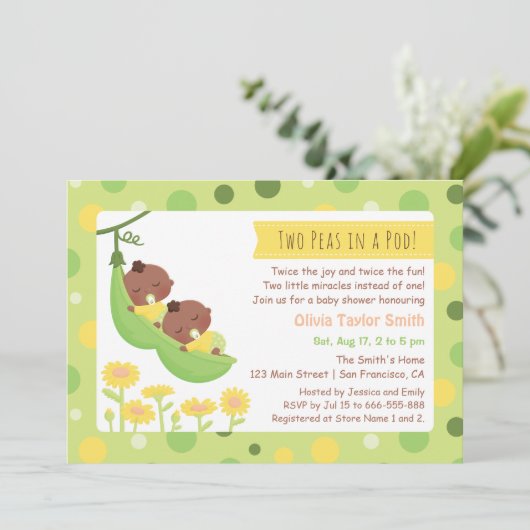 アフリカ系アメリカ人の対のエンドウ豆のベビーシャワー招待状 招待状 (スタンド正面)