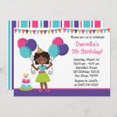 アフリカ系アメリカ人の小さな女の子の誕生会 招待状 (正面/裏面)