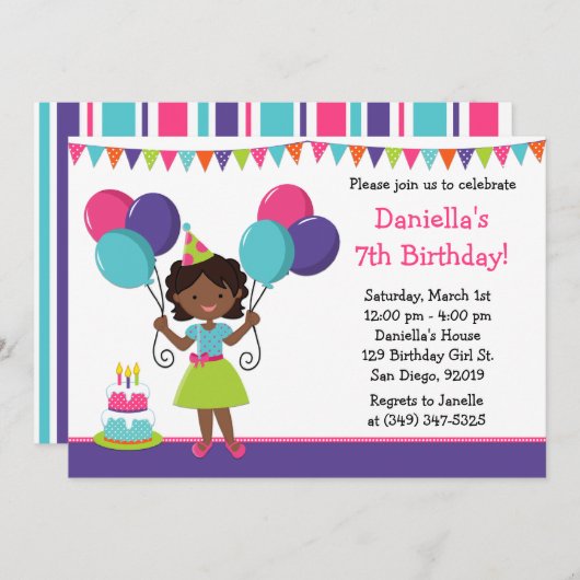 アフリカ系アメリカ人の小さな女の子の誕生会 招待状 (正面/裏面)
