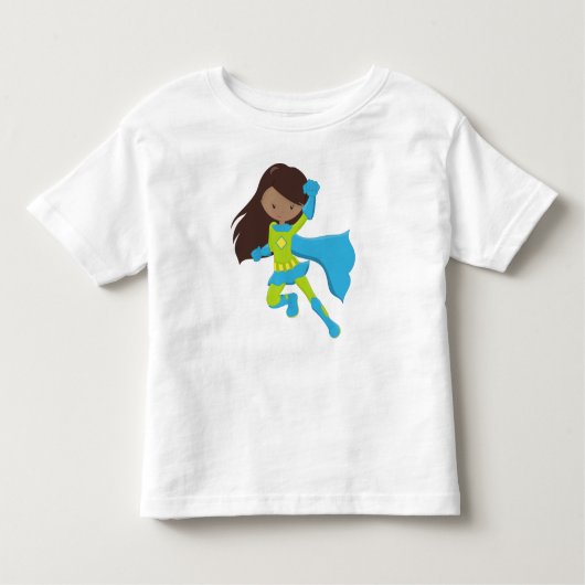 アフリカ系アメリカ人の少女、スーパーヒーローの少女、青いマント トドラーTシャツ (正面)
