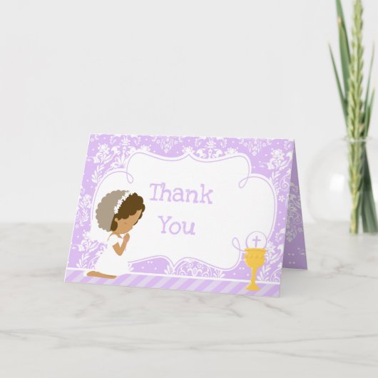 アフリカ系アメリカ人の少女 初めての聖体拝領 「ありがとう」 サンキューカード (正面)